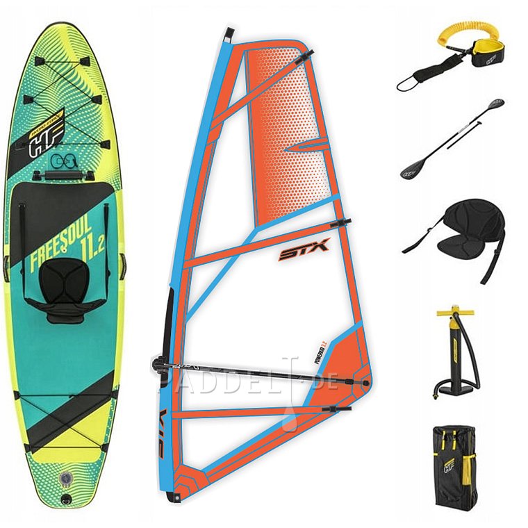 WindSUP HYDRO FORCE FREESOUL COMBO 11'2 Modell 2023 incl. STX PowerKid Segel - aufblasbares Stand Up Paddle Board mit Windsurf Option, Kajak